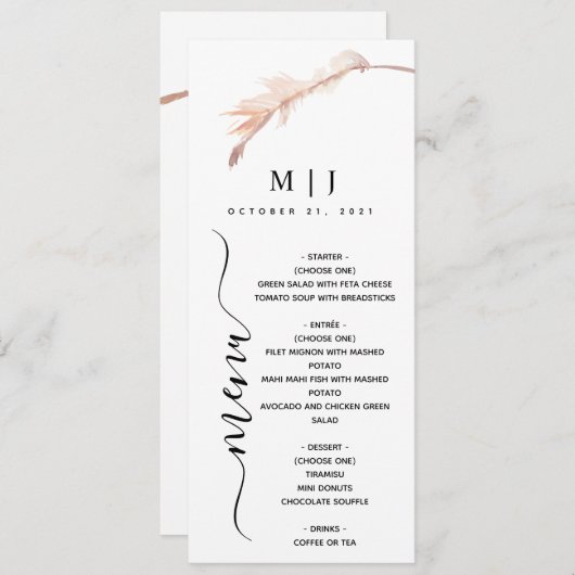Blush Pampas Grass Minimalistisch Hochzeit Menükarte (Vorne/Hinten)