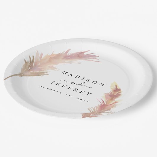 Blush Pampas Grass Minimalistisch Hochzeit Pappteller (Schrägansicht)