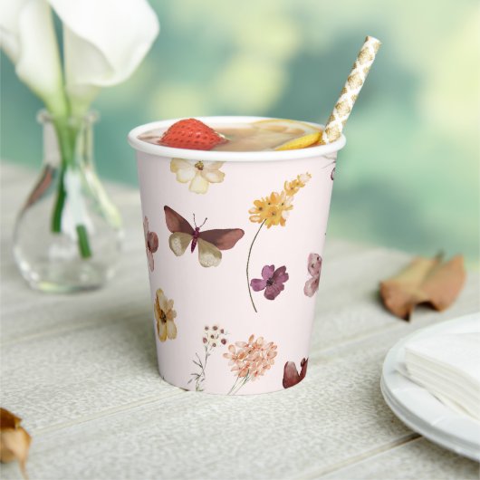 Blush Pastel Wildblume Modern Boho Wedding Pappbecher (In Situ)