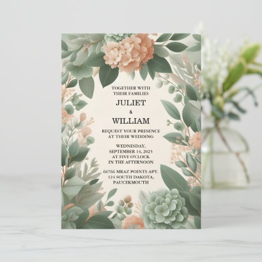 Blush Pastellpfirsich Minze Moss Sage Green Weddin Einladung (Stehend Vorderseite)