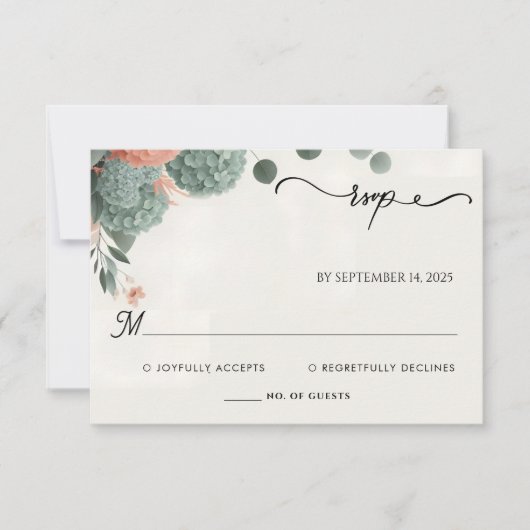 Blush Pastellpfirsich Minze Moss Sage Green Weddin RSVP Karte (Vorderseite)