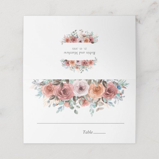 Blush Peach and Slate Blue Ethereal Hochzeit Platzkarte (Außenseite Aufgefaltet)