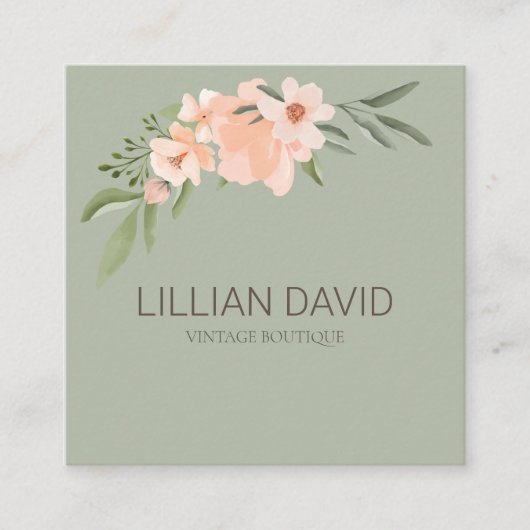 Blush Peach Aquarell Rose und Grünflächen Quadratische Visitenkarte (Vorderseite)