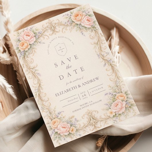 Blush Peach Baroque Rose Wedding Save The Date