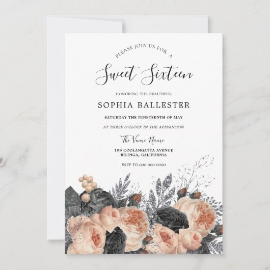 Blush Peach & Black Blume Elegant Sweet 16 Einladung (Vorderseite)