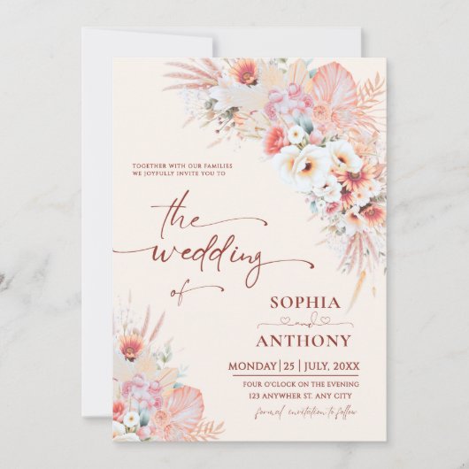 Blush Peach Boho Floral Wedding Einladung (Vorderseite)