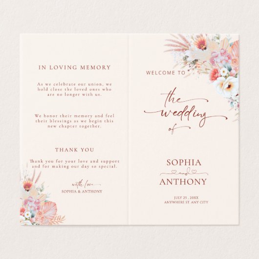Blush Peach Boho Floral Wedding Program Card (Außenseite Aufgefaltet)