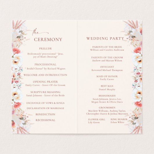 Blush Peach Boho Floral Wedding Program Card (Innenseite Aufgefaltet)