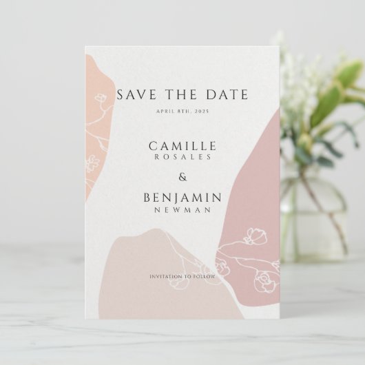 Blush Peach Botanal Einfach Blues Save The Date (Stehend Vorderseite)