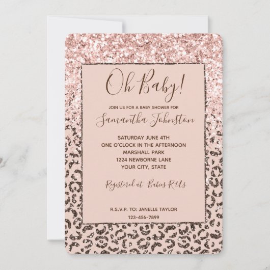 Blush Peach Brown Leopard Glitzer Babydusche Einladung (Vorderseite)