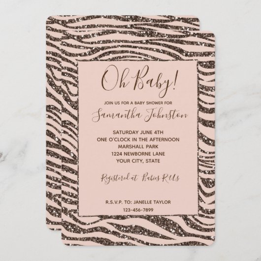 Blush Peach Brown Zebra Glitzer Babydusche Einladung (Vorne/Hinten)