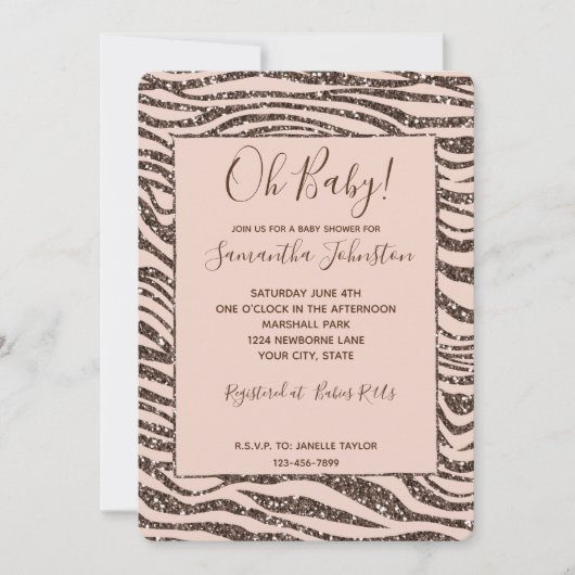 Blush Peach Brown Zebra Glitzer Babydusche Einladung (Vorderseite)