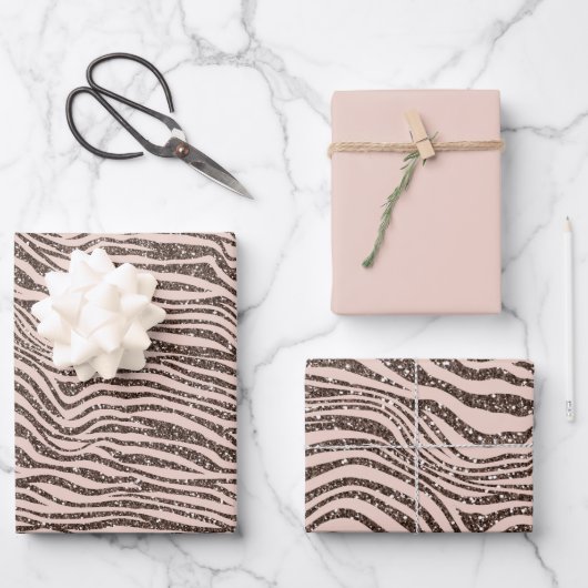 Blush Peach Chocolate Braun Zebra Glitzer Geschenkpapier Set (Vorderseite)