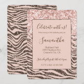 Blush Peach Chocolate Brown Zebra Glitzy Glitzer Einladung (Vorne/Hinten)
