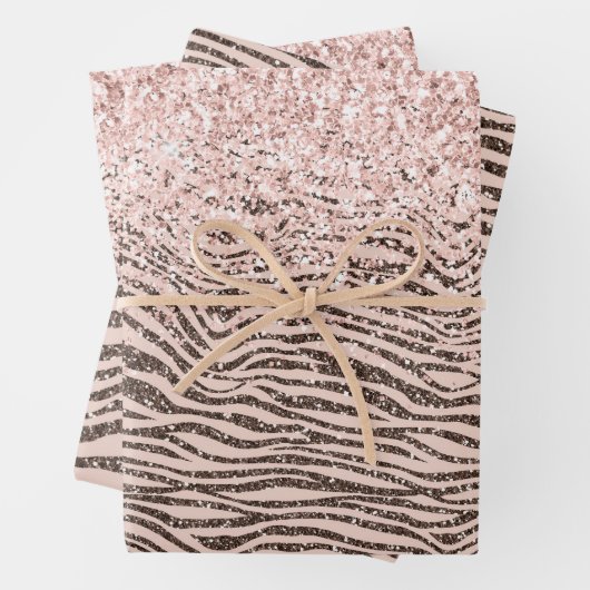Blush Peach Chocolate Brown Zebra Print Glitzer Geschenkpapier Set (Beispiel)