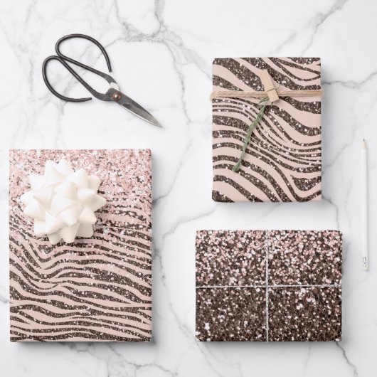 Blush Peach Chocolate Brown Zebra Print Glitzer Geschenkpapier Set (Vorderseite)
