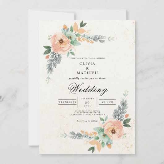 Blush Peach Floral Arch Wedding Einladung (Vorderseite)