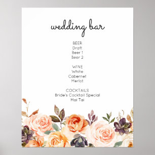 Blush & Peach Floral Bar Drinks Unterschreiben Poster