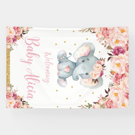 Blush Peach Floral Elephant Baby Dusche Willkommen Banner (Horizontal)