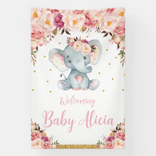 Blush Peach Floral Elephant Baby Dusche Willkommen Banner (Vertikal)