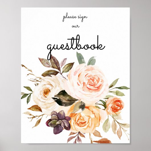 Blush & Peach Floral Gästebuch Zeichenposter (Vorne)