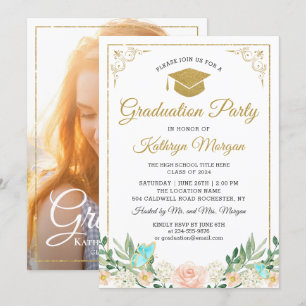 Blush Peach Floral Gold Glitzer Foto Abschluss Einladung