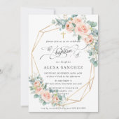 Blush Peach Floral Greenerie Taufe Geometrie Einladung (Vorderseite)