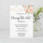Blush & Peach Floral & Lights Ändern des Datums Einladung (Stehend Vorderseite)