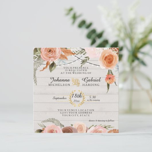 Blush Peach Floral Rustic White Wood Leaf Foliage Einladung (Stehend Vorderseite)