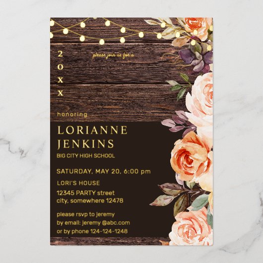Blush & Peach Floral Rustikaler Abschluss v2 Full Folieneinladung (Vorderseite)