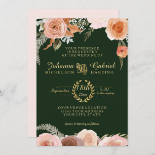 Blush Peach Floral Watercolor Folirest Green Einladung