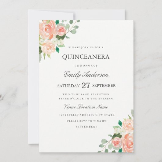 Blush Peach Floral Watercolor Quinceanera Einladun Einladung (Vorderseite)