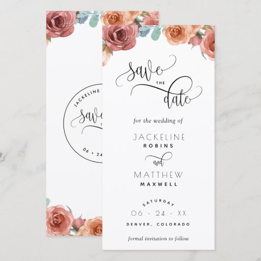 Blush Peach floral Wedding Save the Date Lesezeich (Vorne/Hinten)