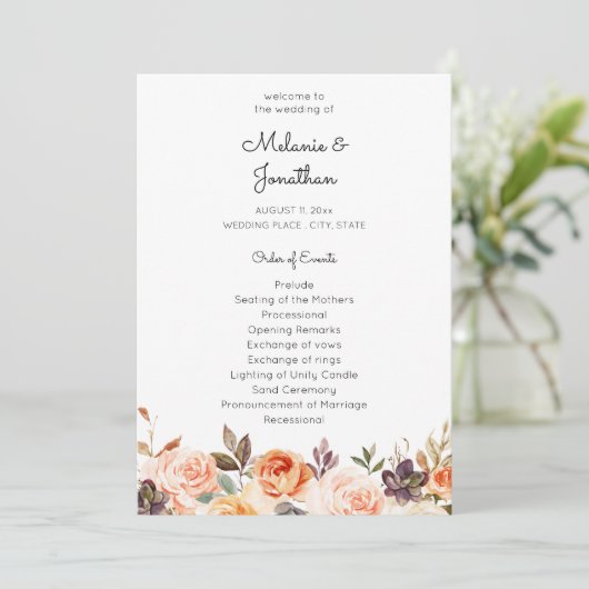 Blush & Peach Floral Wedding Zeremonie Programm (Stehend Vorderseite)