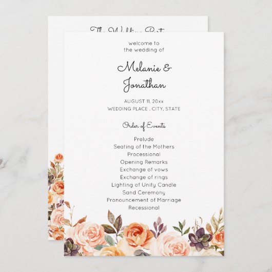 Blush & Peach Floral Wedding Zeremonie Programm (Vorne/Hinten)