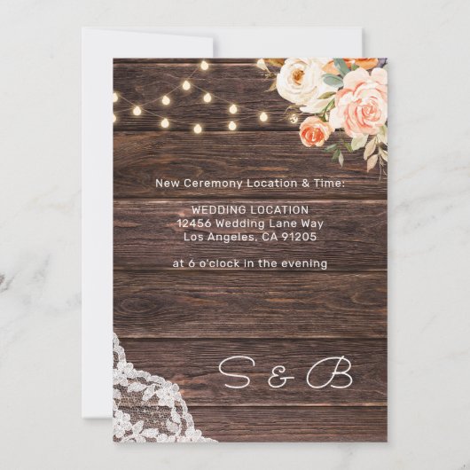 Blush Peach Floral Wood Lace Licht ändern das Datu Einladung (Rückseite)
