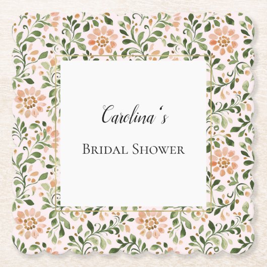 Blush Peach Flowers Green Leaves Bridal Shower   Untersetzer (Vorderseite)