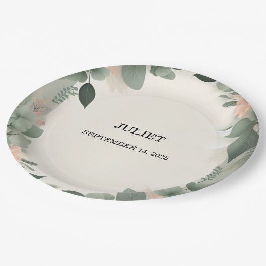 Blush Peach Minze Moss Sage Green Brautparty Pappteller (Schrägansicht)