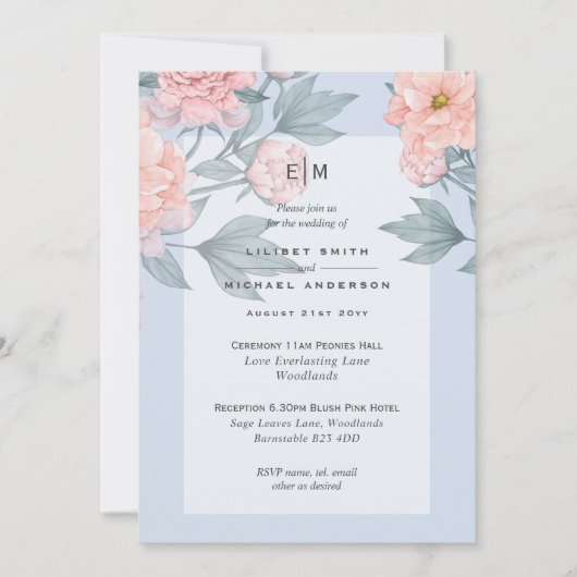 Blush Peach PEONIES Blue Wedite Empfang (Vorderseite)