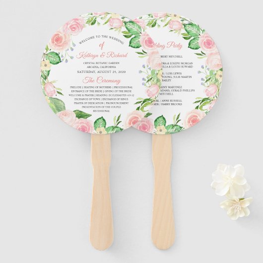 Blush Peach Pink Floral Wedding Program Hand Fan Fächer (Vorne und Hinten)