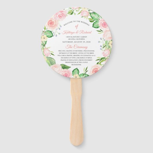 Blush Peach Pink Floral Wedding Program Hand Fan Fächer (Vorderseite)