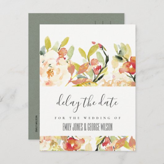 BLUSH PEACH PINK FLORAL WEDDING VERZÖGERN DAS DATU ANKÜNDIGUNGSPOSTKARTE (Vorne/Hinten)