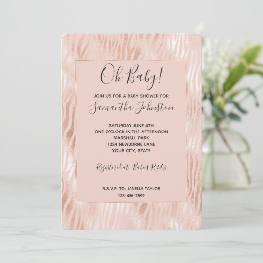 Blush Peach Pink Zebra Baby Dusche Einladung (Stehend Vorderseite)