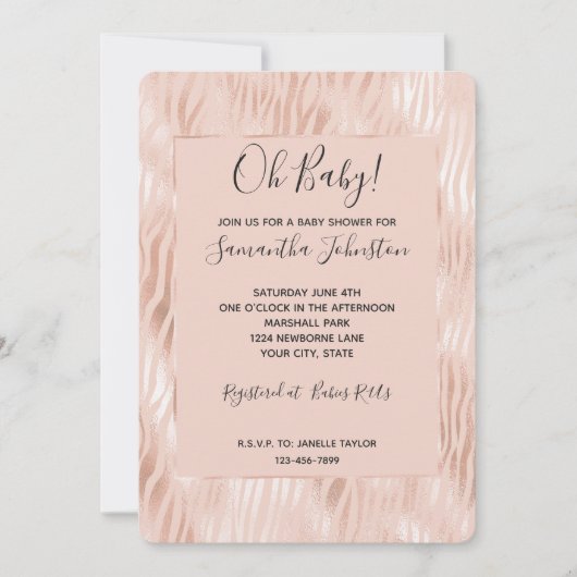 Blush Peach Pink Zebra Baby Dusche Einladung (Vorderseite)
