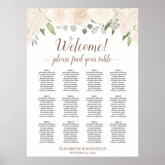 Blush Peach Rose 12 Table Wedding Seating Chart Poster (Vorne)