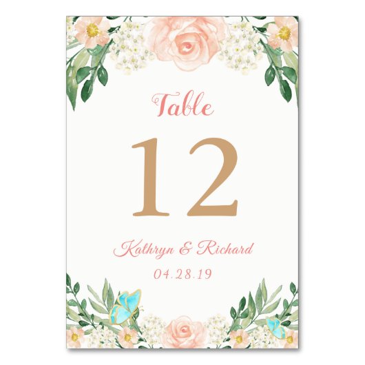 Blush Peach Rose Garden Wedding Tischnummer Card (Vorderseite)