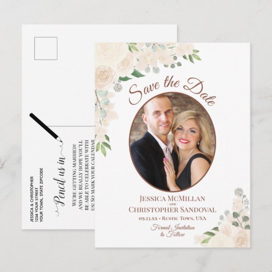 Blush Peach Rose Oval Foto Hochzeit Speichern Sie  Ankündigungspostkarte (Vorne/Hinten)