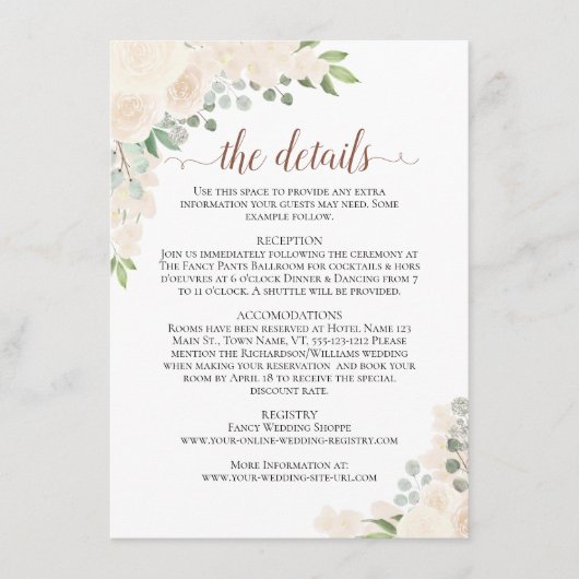 Blush Peach Rose Rustic Boho Chic Hochzeitsdetails Begleitkarte (Vorderseite)