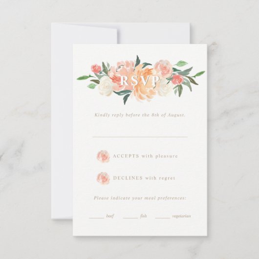 Blush Peach Wassercolor Bloral Wedding RSVP (Vorderseite)
