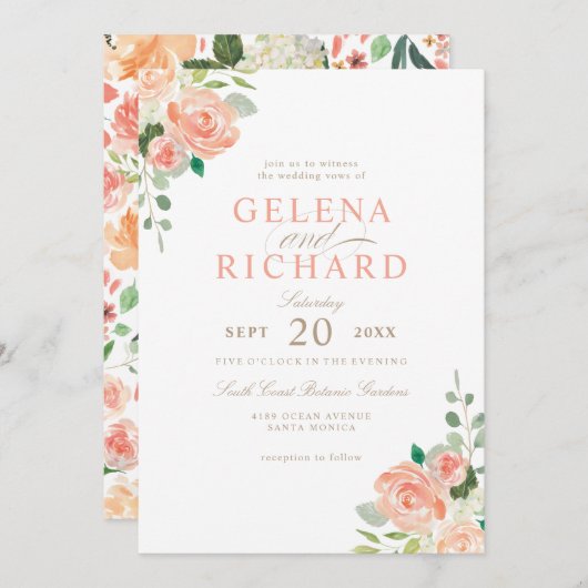 Blush Peach Wassercolor Blumenzehen Einladung (Vorne/Hinten)